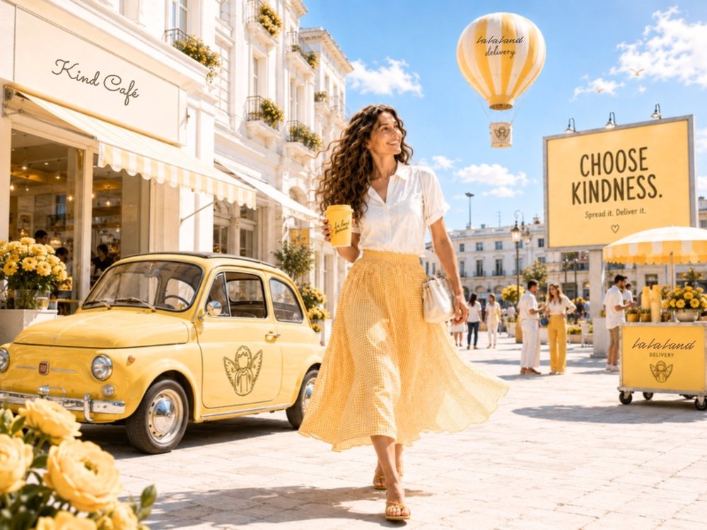 Woman in a yellow skirt walking past a yellow car and a Choose Kindness billboard