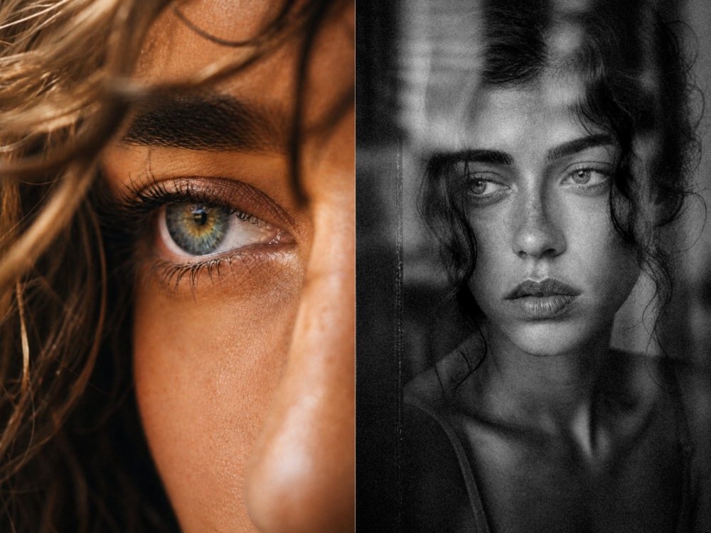 Two editorial portraits side by side, one warm close-up and one black and white